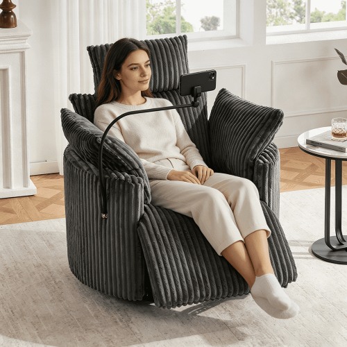 HAOMINS Recliner Chair, 360° Swivel Chenille Vertical Stripes Rocking Chair with Adjustable Backrest and Footrest Phone Holder for Living Room, Reading Room, Indoor