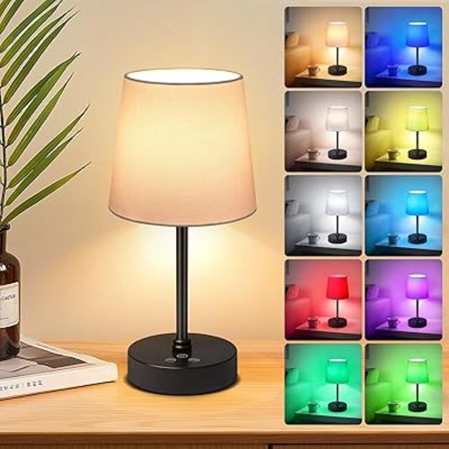 Wowag Cordless Table Lamp,5000mAh Rechargeable Battery Operated Desk Lamp,3Colors & 7 RGB Stepless Dimmable, Portable Small Touch Fabric Shade LED Night Light for Patio Restaurant Home(White)