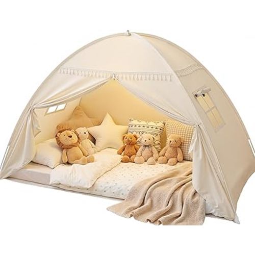 Toddler bed Tent Canopy: Lights & Flags Indoor Floor Twin Bed Kids Tent Play Tent - Twin Bed Curtains - Girls&Boys Play House Bedroom Privacy Space Sleeping Tents Gifts Large Teepee Tent(Golden Beige)