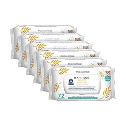 ATTITUDE Baby Wipes Unscented, For Sensitive Skin with Oat, Natural origin, Dermatollogically tested​, For Babies, Toddlers & Kids, Revitalizing Chamomile Extract, EWG Verified​, 72 Count (Pack of 6)