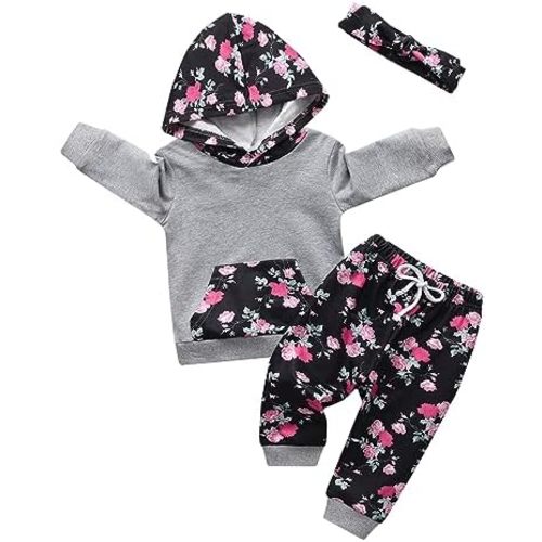 Eghunooy Baby Girl Clothes Long Sleeve Floral Hoodie Sweatshirt Pants with Pocket Headband Outfit Sets