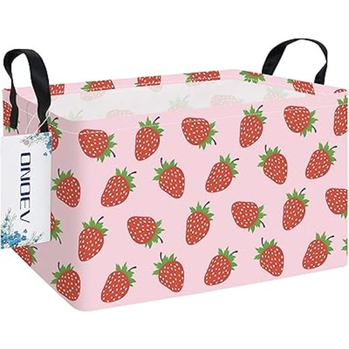 Pink Strawberry Pattern Storage Baskets with Handles - Collapsible Rectangular Fabric Organizer Bins for Home,Kitchen,Bedroom,Closet Organization(Strawberry)