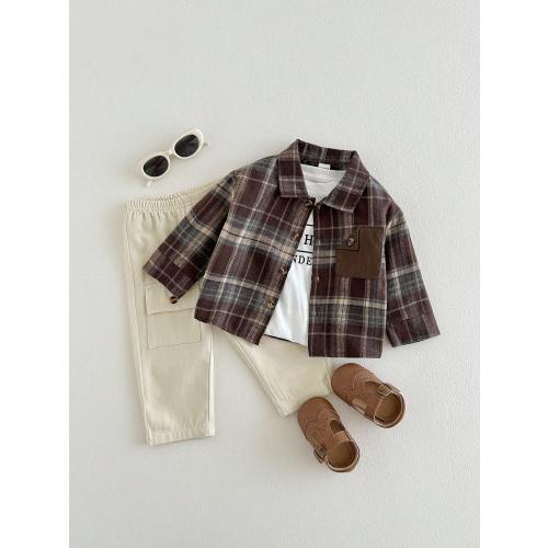 SHEIN Playful Pals 2pcs Baby Boy Casual Plaid Pocket Long Sleeve Shirt And Pants Set, Suitable For Autumn/Winter, Daily & Outdoor Wear Fall