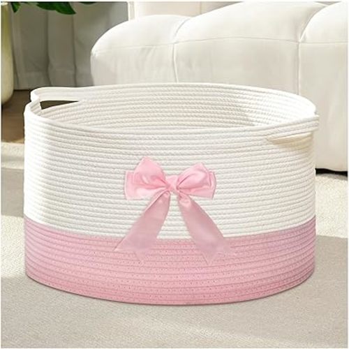 Laundry Hamper Pink, Cotton Rope Laundry Basket Blanket and Toy Storage Basket for Living Room, Bedroom, Bathroom, Nursery Pink