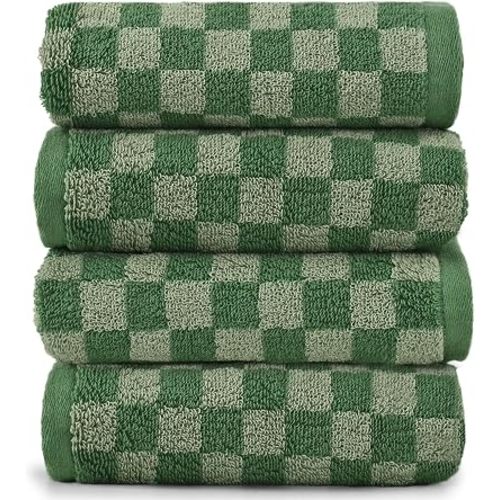 Soft Hand Towels 4 Pack, Green Checkered Face Towel Set for Bathroom