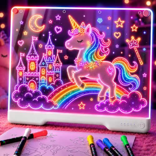 Geokay 16" Rechargeable LED Drawing Board with 9-Color Light Effects | Birthday & Christmas Gift Idea for Girls/Boys/Kids/Teens, Doodle Neon Glow Pad with Built-in Stand Tracing Book & 7 Markers