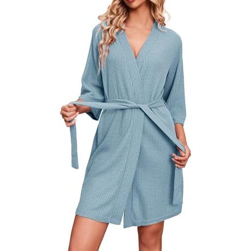 Ekouaer Robes for Women Waffle Knit Bathrobe Soft Lightweight Knee Length Loungewear S-XXL