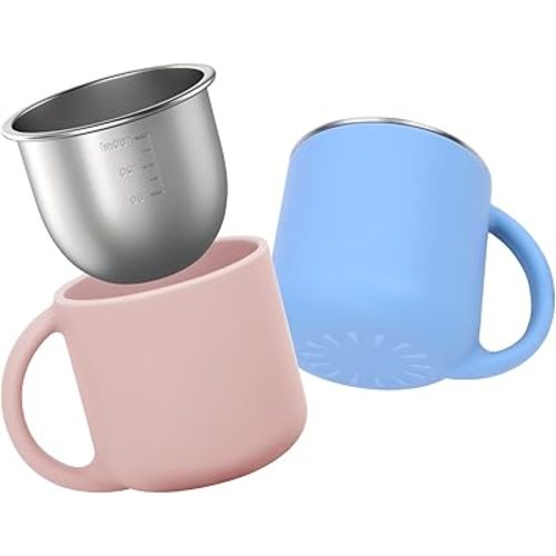 2-IN-1 Open Toddler Cups, Stainless Steel Cup + Silicone Training Cup for Toddlers Kids Babys, No Plastic | No Soap Smell | Shock-Proof Baby Led Weaning Supplies, 2-Pack Blue/Blush
