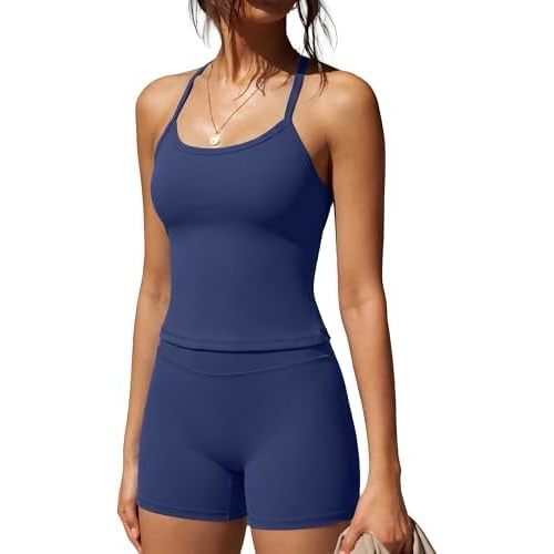 SUUKSESS Women 2 Piece Workout Sets High Waisted Tummy Control Biker Shorts Halter Padded Tank Tops