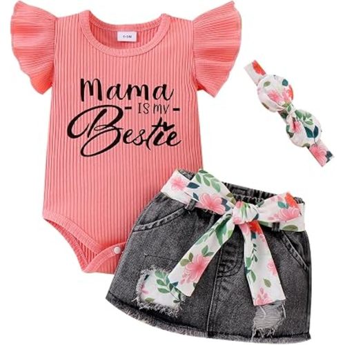 Baby Girl Clothes Infant Romper Outfit Set with Denim Skirt 0-18M
