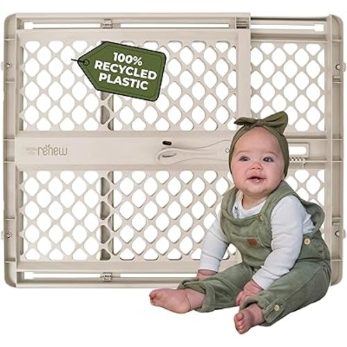 Toddleroo by North States - Renew 100% Recycled Plastic Baby Gate for Doorway; Sturdy for Indoor & Outdoor Use: Pressure Mounted, No Drill Gate; Made in USA; 26" to 42" Wide, 26" Tall; Sandstone