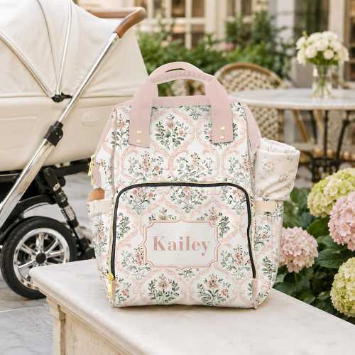 Girl Diaper Bag Backpack, Personalized Cottagecore Pink Floral Baby Bag, Grandmillennial Baby Shower Gift for New Mom