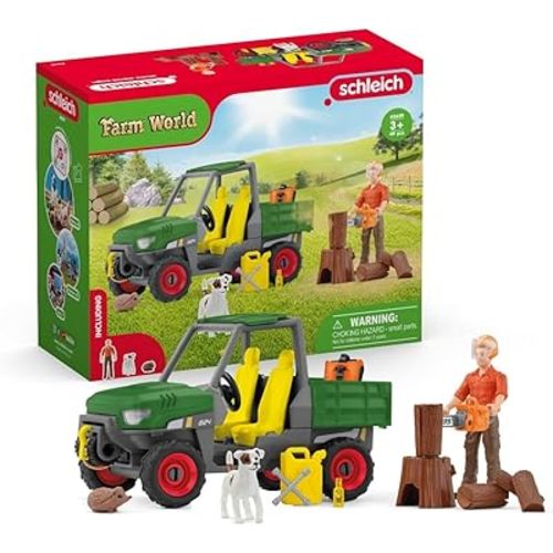 Schleich Farm World - Working in The Forest Playset with Action Figure, Dog Figurine, Tractor Toy and Accessories - Imaginative Play Set for Kids Ages 3+