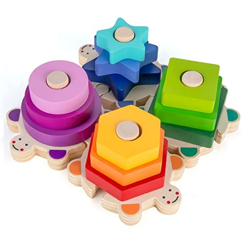 Wooden Blocks for Toddlers 1-3 Years Old Baby Boys Girls Stacking Blocks & Montessori Toys for Baby 12+ Months, Color Shape Sorter Educational Puzzle Stacking Toys for Kids Preschool Learning Gifts
