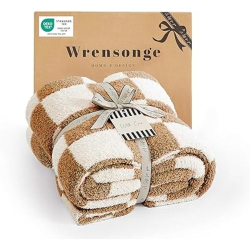 WRENSONGE Fall Checkered Throw Blanket, Burnt Orange Soft Cozy Fluffy Warm Hand Made Throw Blankets for Couch, Sofa, Chair, Bed, Camping, Picnic, Travel Lightweight Bed Blanket - 50"*60"