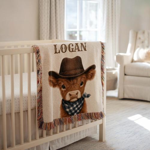 Personalized Highland Cow Baby Blanket, Custom Name Blanket for Boys, Cowboy Nursery Decor, Baby Shower Gift, Western Crib Throw for Boys