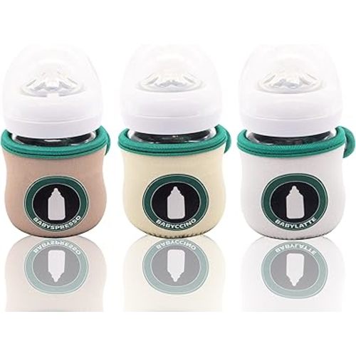Sleeve Covers for 4 oz Philips Avent Glass Baby Bottle | Adjustable Sleeves | Heat and Cold Retention | Neoprene - Juice Cleanse | Non Slip Grip | Set of 3… (Babyccino)