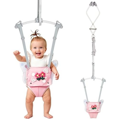 FUNLIO Baby Door Jumper for 6-24 Months (with Door Clamp), Baby Jumper Doorway with Strong Spring & Adjustable Strap, Portable Infant Door Bouncer, Bearing 40 Lbs, Pink Butterfly