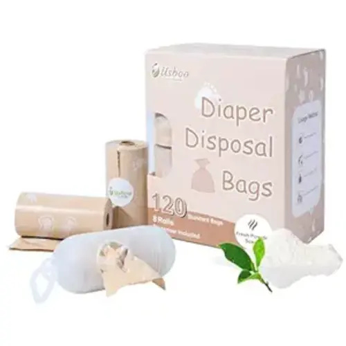 Diaper Bags Disposable for Baby, Biodegradeable Dirty Diaper Bags (8 Refill Rolls/120 Bags) with Dispenser | Leak Proof Diaper Trash Bags | Baby Poop Bags | Fresh Powder Scent