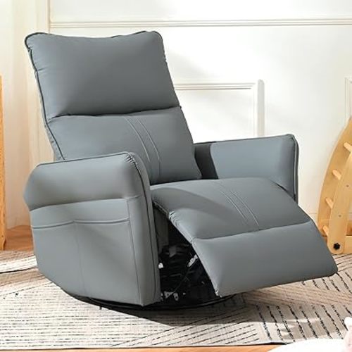 Glider Chair for Nursery, 360° Swivel Rocker Recliner with Side Pocket, Leather Manual Rocking Chair for Living Room, Bedroom, Small Spaces