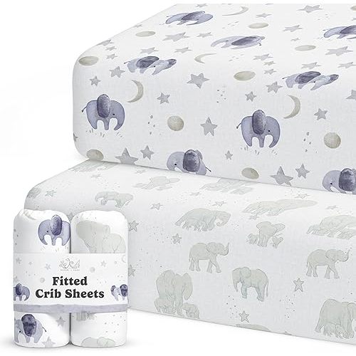 Crib Sheets Neutral - Fitted Baby Crib Sheets Bed for Girl Boy - 2 Pack Standard & Toddler Mattress (Watercolor Elephants) - Buttery Soft Organic Cotton Blend