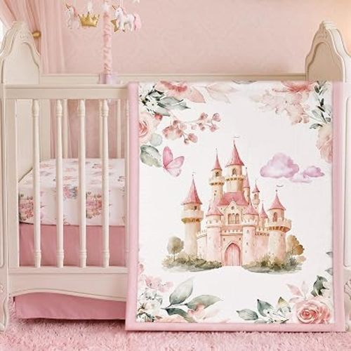 Hahafelt 3 Pcs Princess Baby Crib Bedding Set Pink Enchanted Princess Theme Decor for Infant Bed with Watercolor Castle Carriage Design Print Includes Quilt, Fitted Sheet, Skirt for Baby Girl Gifts
