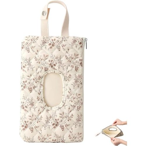 Quilted Floral Hanging Baby Wipe Pouch - Portable Mommy Bag for Wipes & Diapers, Refillable Wet Wipes Bag & Diaper Wipe Pouch, Compact Wipes Holder for Diaper Bag (Beige)