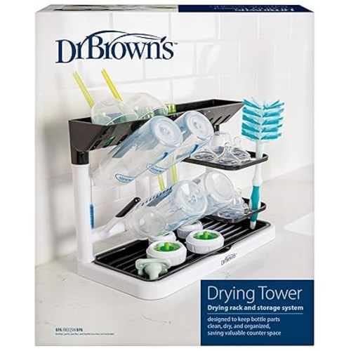 Dr. Brown's Drying Tower, Stand-Up Drying Rack, Countertop Baby Bottle Drying with Organized Storage for Baby Essentials, Space Saving Vertical Rack