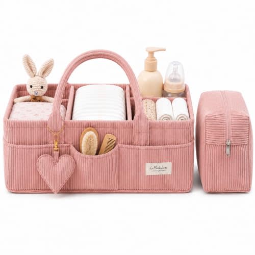 Baby Diaper Caddy Organizer with Handles, Matching Zipper Pouch, Soft Corduroy Nursery Storage Basket for Wipes and Bottles, Baby Shower and Registry Gift