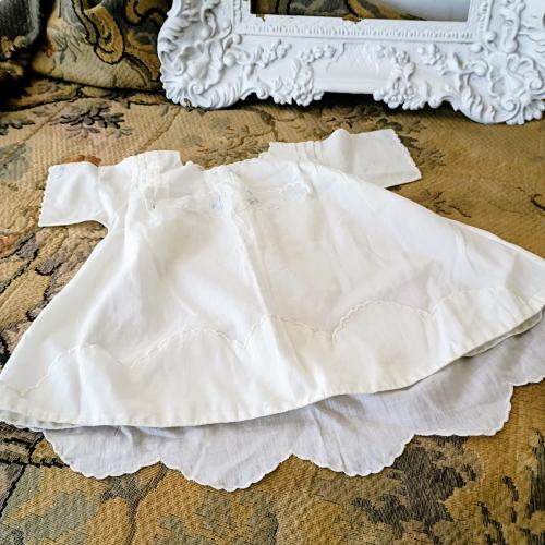 Antique hand stitched baby day dress. Edwardian white cotton linen baby layette
