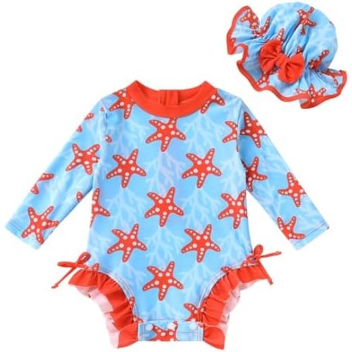 Infant Baby Girl Swimsuit Long Sleeve One-Piece Swimwear Zipper Ruffled Bathing Suit