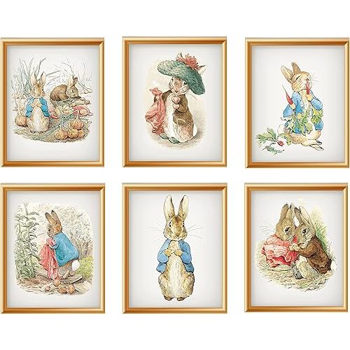 Paper Moon Media: Set of 6 "Peter Rabbit and Benjamin Bunny" by Beatrix Potter, Giclee Art Print Reproductions Unframed 8 x 10" Nursery Art Prints, Baby Room Art Prints (Archival Matte, 8 x 10")