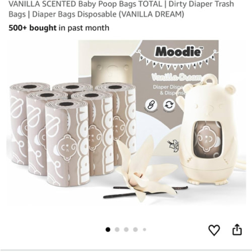 Moodie Disposable Diaper Bags Dispenser COMBO PACK | 105 VANILLA SCENTED Baby Poop Bags TOTAL | Dirty Diaper Trash Bags | Diaper Bags Disposable (VANILLA DREAM)