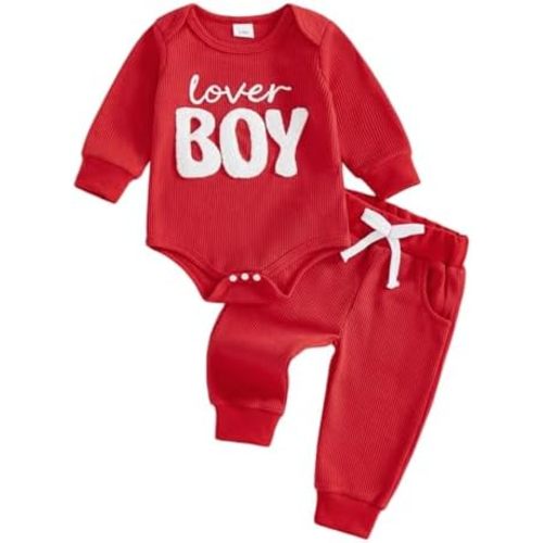 BemeyourBBs Newborn Baby Boy Valentines Outfit Embroidery Long Sleeve Romper Elastic Waist Pants Set 2 Piece Waffle Clothes