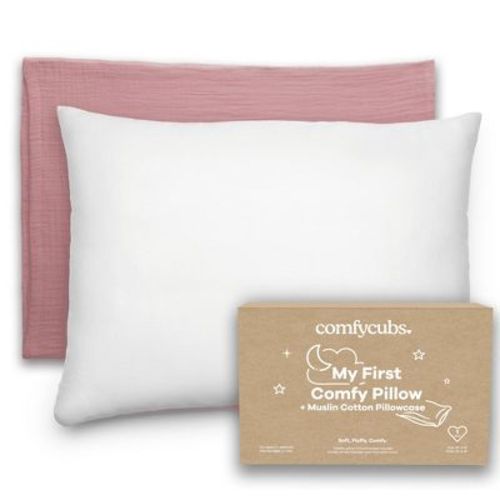 Comfy Cubs Toddler Pillow with Muslin Pillowcase 1 Pack - Mauve, 13"x18" - Kids Pillow for Sleeping