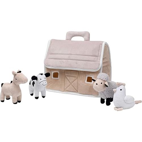 Lambs & Ivy Baby Farm Plush Barn with 4 Stuffed Animals Toy - Taupe/Gray/White