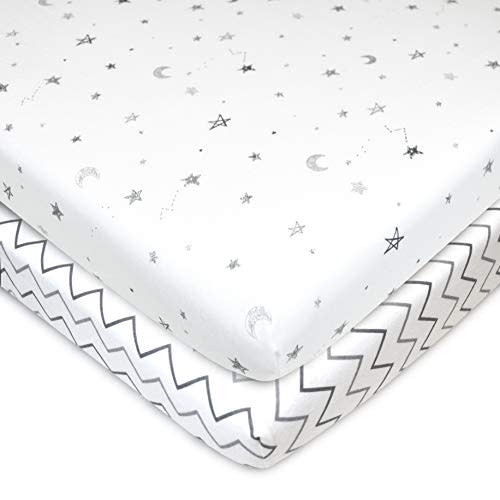 TL Care 2 Pack 100% Natural Cotton Fitted Pack and Play Sheets 39" x 27" - Soft & Breathable Pack N Play Sheets for Playard & Mini Crib Mattress, Gray Star/Gray Zigzag, for Boys & Girls