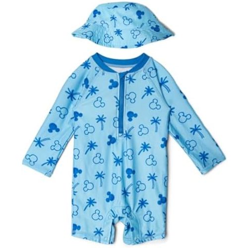 Disney Mickey Mouse Baby Sunsuit and Bucket Sun Hat Swim Set UPF 50+ Newborn to Infant Sizes (3-6 Months - 24 Months)