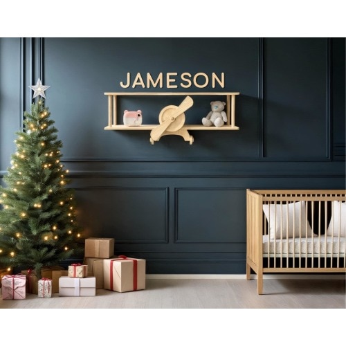 Kids personalized floating shelf, airplane shelf decor, first Christmas gift, vintage nursery biplane wall bookshelf, Xmas son gift