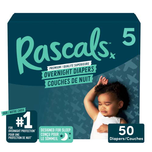 Rascals Overnight Absorbent Baby Diapers, Size 5, Carton, 50 Count - Walmart.ca