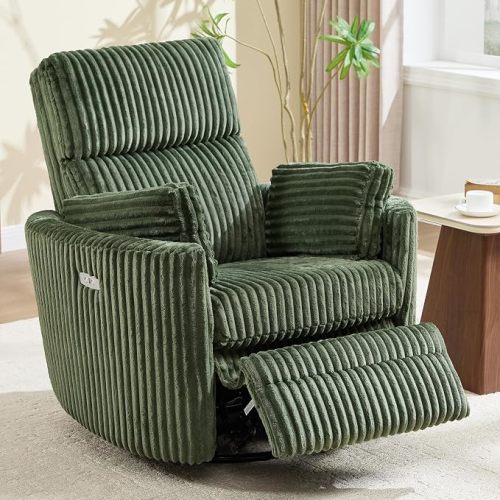 Power Recliner Nursery Swivel Rocking Glider Chair,Upholstered Adult Recliner Nursing Rocker Chair with USB Port with 2 Pillows for Nursery Living Room Bedroom(Green Corduroy,Power-Driven)