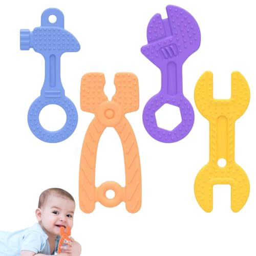 Fu Store Baby Teether Toy Silicone Teething Toys for 0-12 Months Tool Shape | Chew Toys for 6-24 Months Toddlers Infant Hammer Spanner Wrench Pliers Shape Baby Teethers Relief Soothe Babies Gums Set