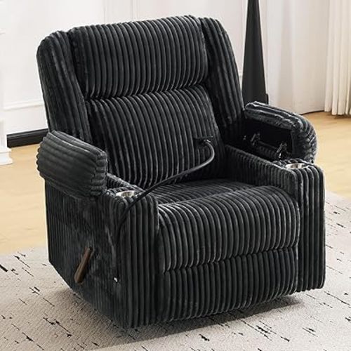 Oversized Manual Recliner Chair with Arm Storage,Swivel Rocker Recliner Chair for Adults with Adjustable Headrest,Nursery Glider Recliner with Phone Stand and Side Pockets for Living Room,Dark Grey