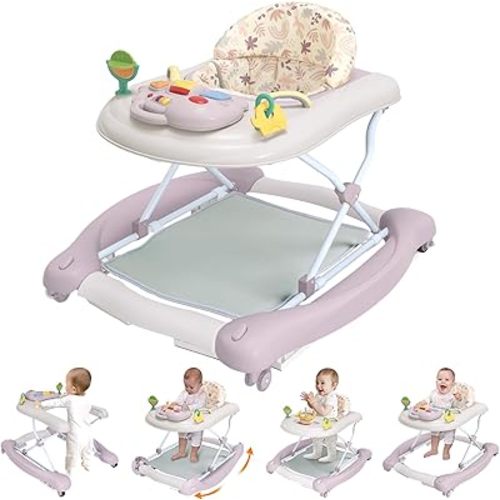 Foldable Baby 5-in-1 Activity Walker - Rocker, Activity Center, Bouncer, Seat Walker, Push Walker - Adjustable Speed Rear Wheels and Height Toys Ages 6-18 Months… (Purple)