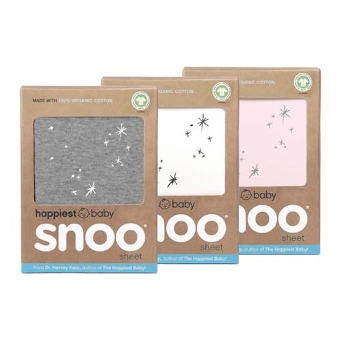 Happiest Baby SNOO Bassinet Fitted Sheet - 100% Organic Cotton Nursery Bedding - Fits SNOO Sleeper Crib Mattress - 3-Pack Bundle (White, Grey, Pink)