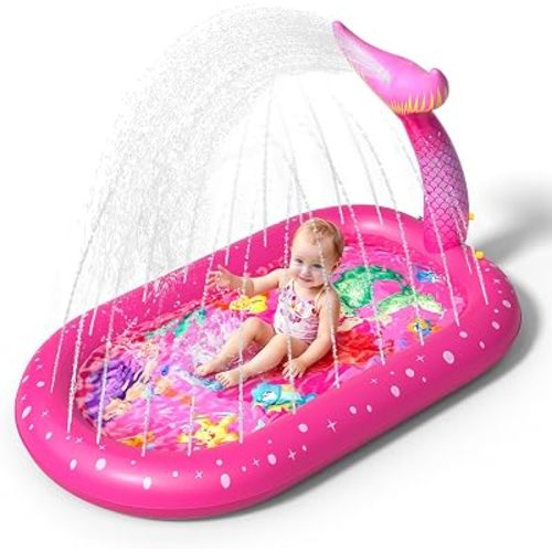 Splash Pad for Toddlers 1-3, Mermaid Inflatable Sprinkler for Kids, 3 in 1 Baby Splash Pads Kids Pool Outdoor Play Mat, Backyard Summer Water Toys Birthday Gift for 1+ Year Old Girls Kids