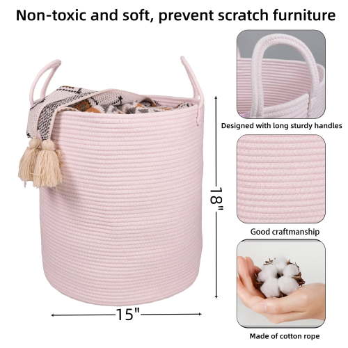 Cotton Rope Laundry Basket Hamper for Hamper Bin Woven Storage Basket for Living Room Girls room Boho Tall Rope Baskets for Blanket Toys Large light pink