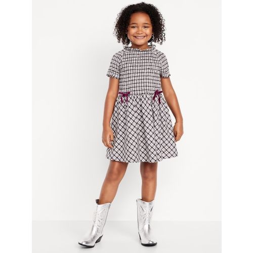 Short-Sleeve Fit and Flare Smocked Bow Dress for Girls