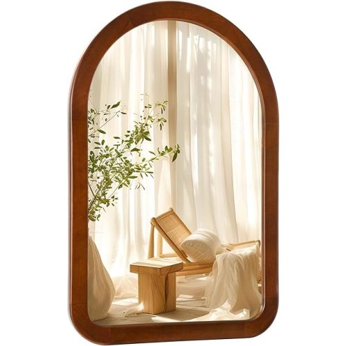 Arched Mirror 24 x 36 Inch,Walnut Brown Wood Rustic Bathroom Wall Mirror