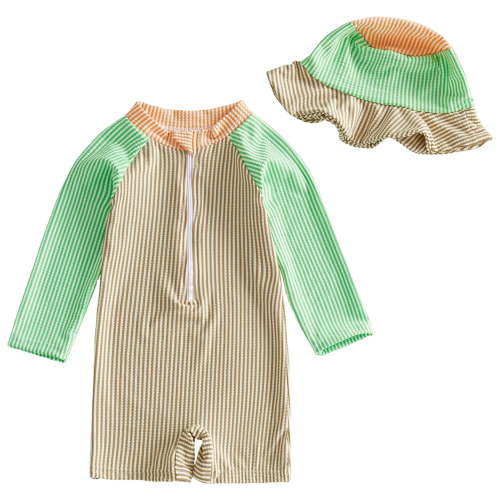 BOBOGOJP Baby Boys Girls Swimsuit One Piece Striped Zipper Bathing Suit Rash Guard Long Sleeve Seersucker Swimwear Sunsuit Yellow for Size 0-3 Months